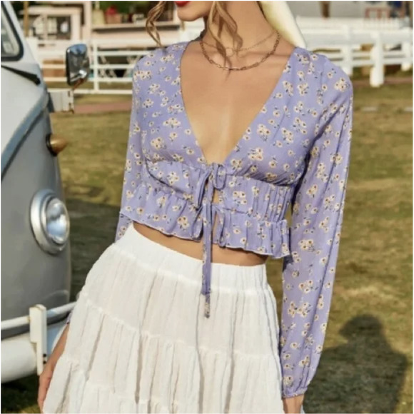 SHEIN Tops - SHEIN Sweet Lilac Daisy Print Long Sleeve Deep V Cropped Waist Tie Blouse